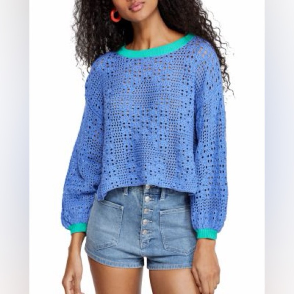 Free People home run pointelle Blue and Green Crochet Sweater